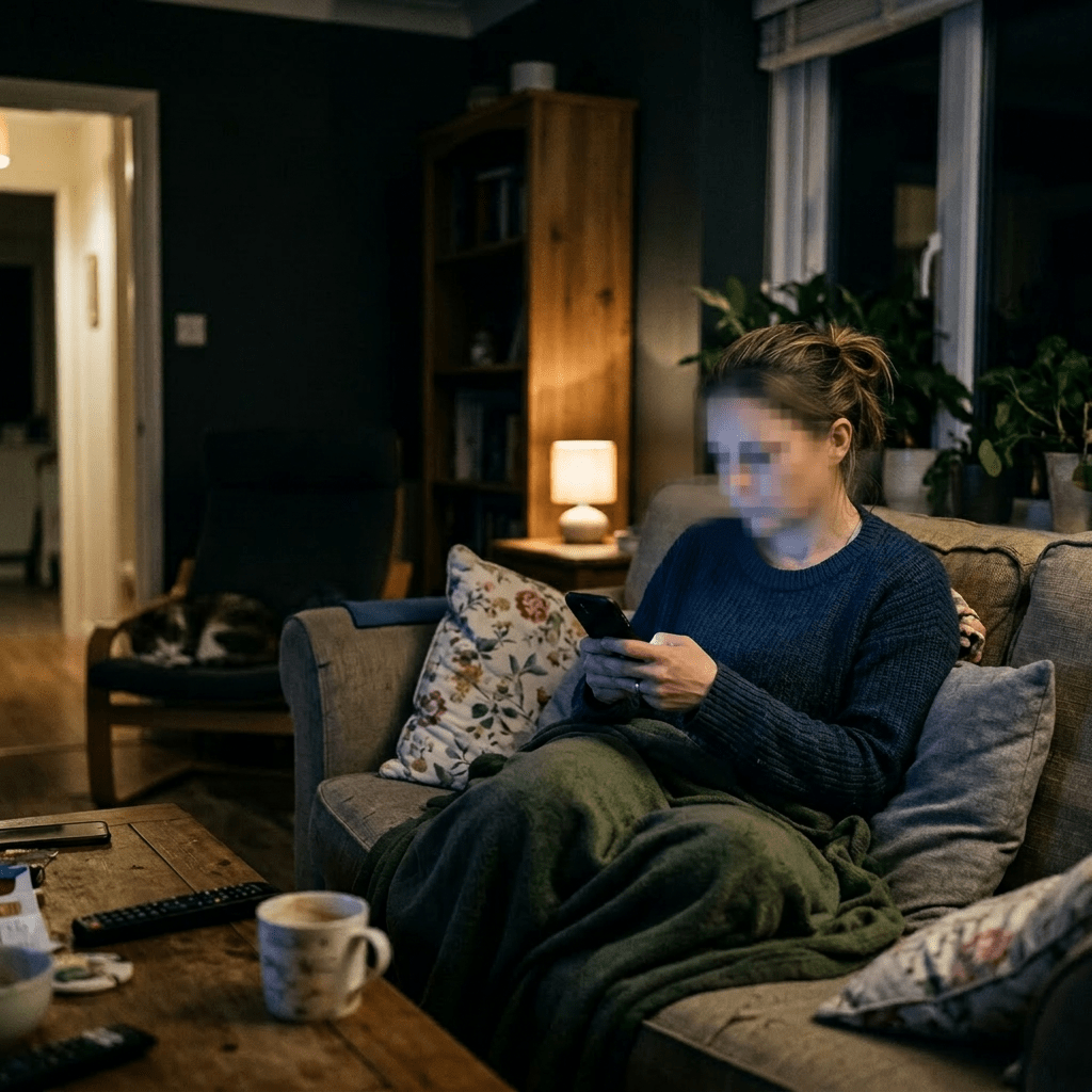 Woman sitting on couch with blanket using phone in dimly lit living room