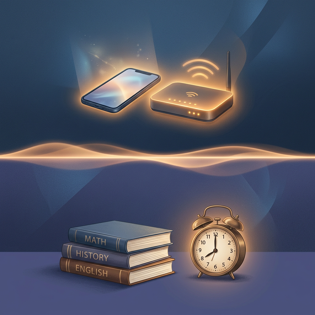 Managing screentime. Smartphone and Wi-Fi router above labeled books and an alarm clock